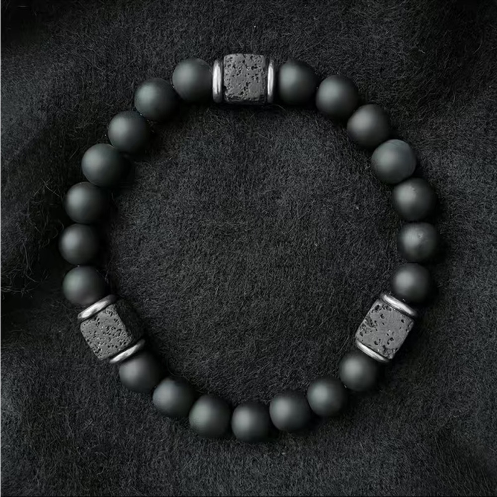 Matte Black Onyx Cubic Lava Stone Beaded Bracelet Stretch Bracelet Men’s NWT - Picture 1 of 10
